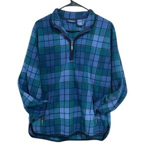 Vintage Blue Green Plaid Sweater Fleece Pullover Women’s Small cozy zip v neck